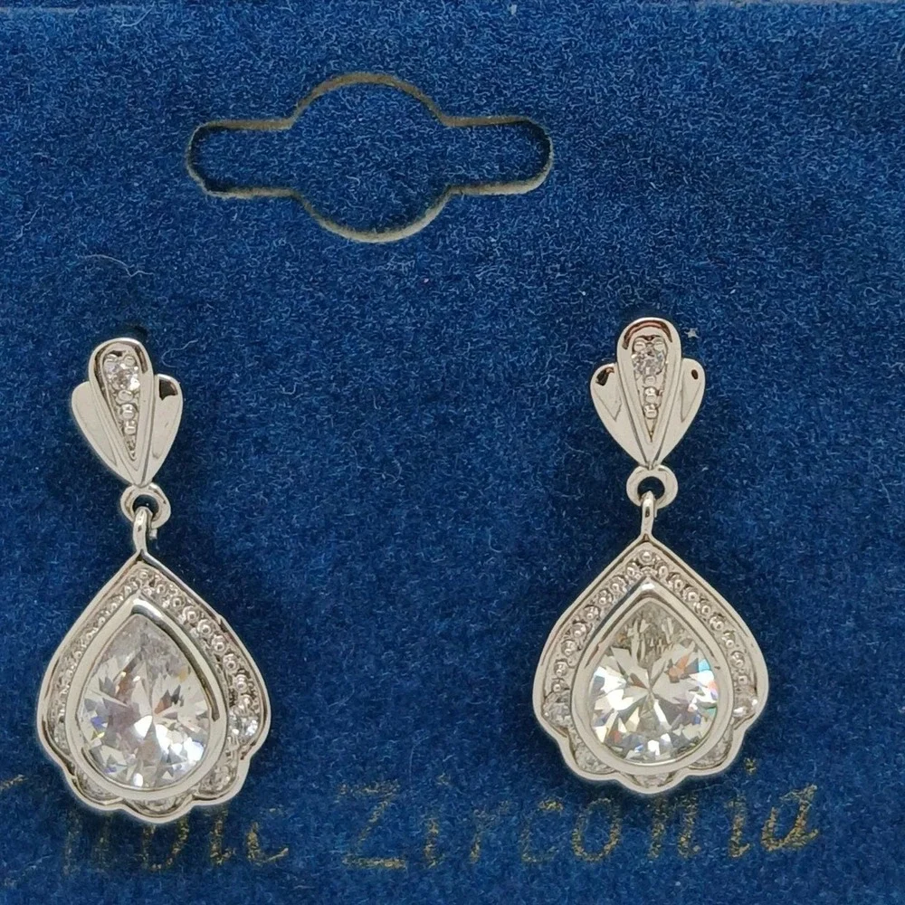 Vintage 1990s Pear Cut Cubic Zirconia Silver Tone Drop Earrings Rare New on Card